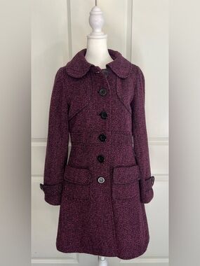 Nick and Mo for Anthropologie Plum Tweed 100% Wool Button-Front Pea Coat Sz M